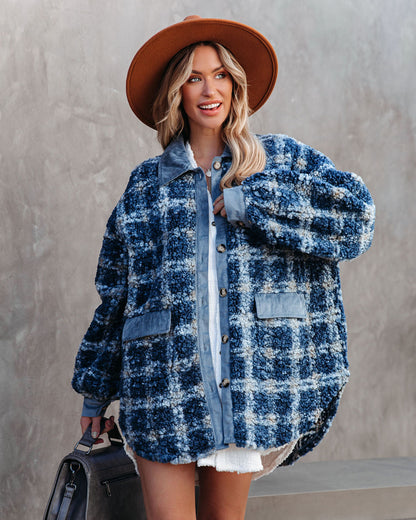 Blue Alaska Plaid Pocketed Teddy Jacket