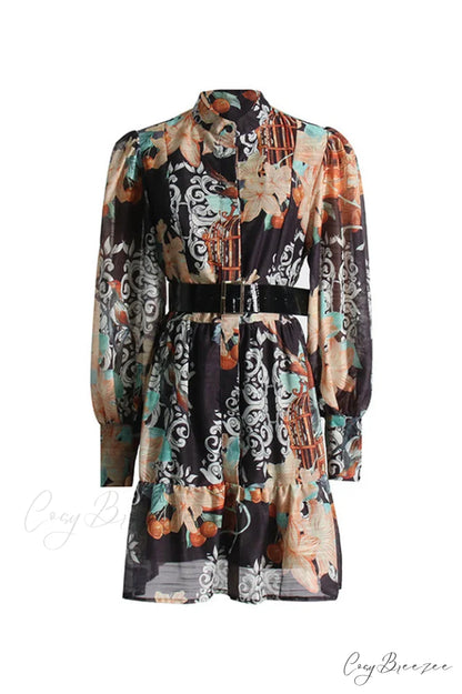 Alexandra Belted Stylish Mini Dress S / Azalea Print in Twilight