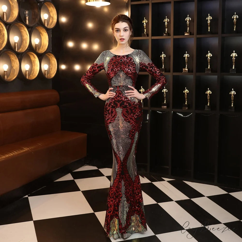 Alexis Stylish stitching floor Graceful mopping long sequin dress BLACK RED / XS