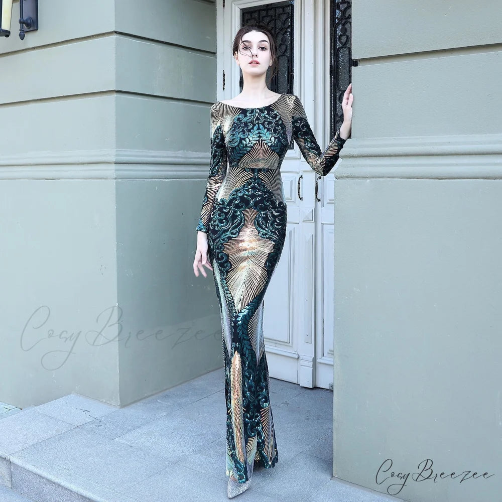Alexis Stylish stitching floor Graceful mopping long sequin dress HUNTER / XS