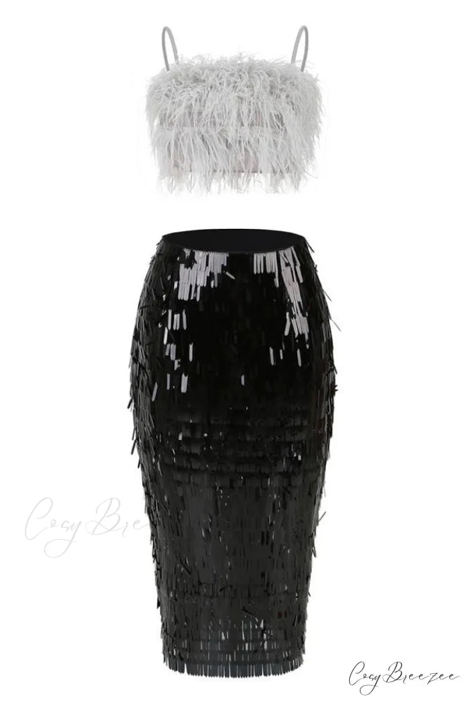 Aleyna Feather Top Charming + Sequin Skirt Set