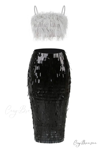 Aleyna Feather Top Charming + Sequin Skirt Set