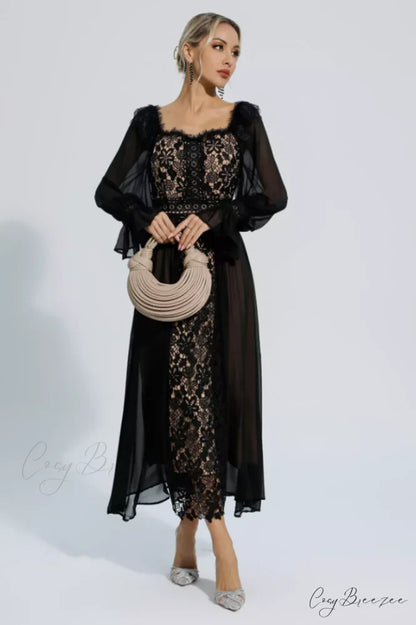 Aliana Floral Hollow Charming Long Sleeve Dress