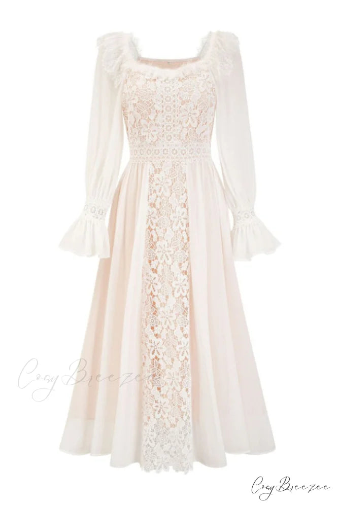 Aliana Floral Hollow Charming Long Sleeve Dress S / White
