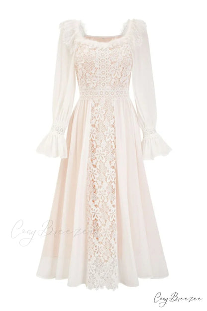 Aliana Floral Hollow Charming Long Sleeve Dress S / White