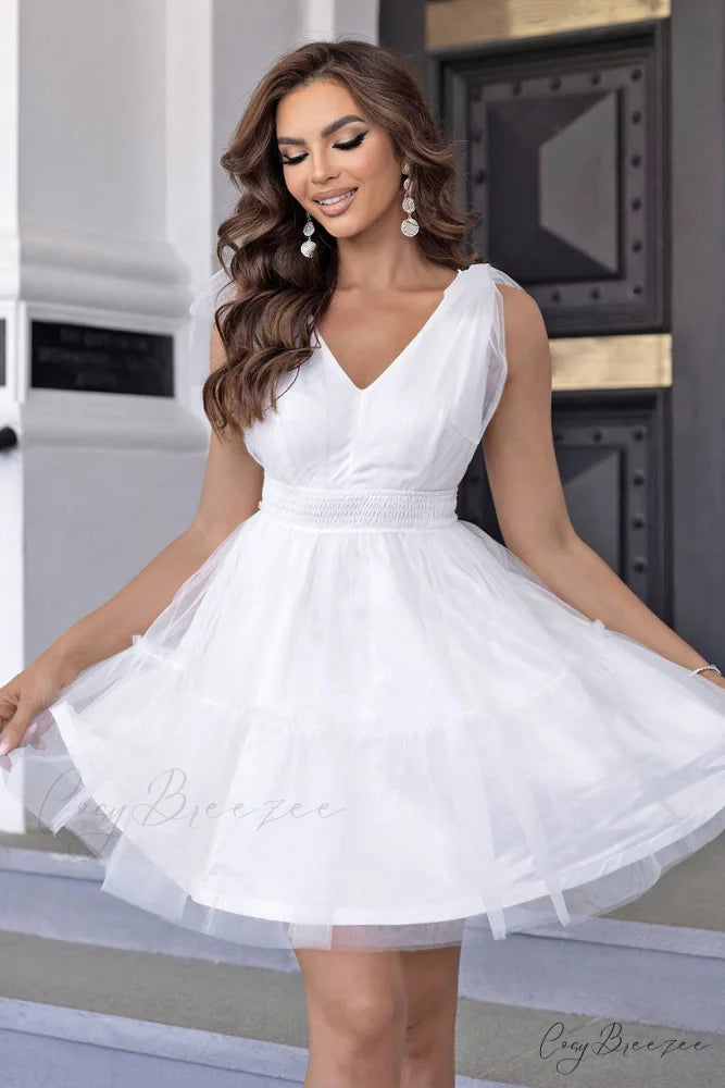 Aliana Shoulder Bow Charming Mesh Mini Cocktail Dress White / XS