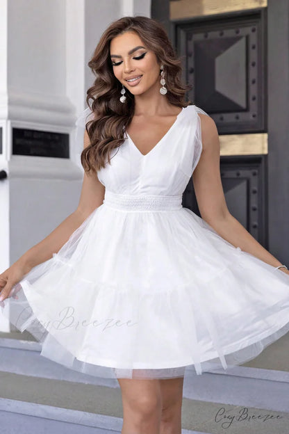 Aliana Shoulder Bow Charming Mesh Mini Cocktail Dress White / XS