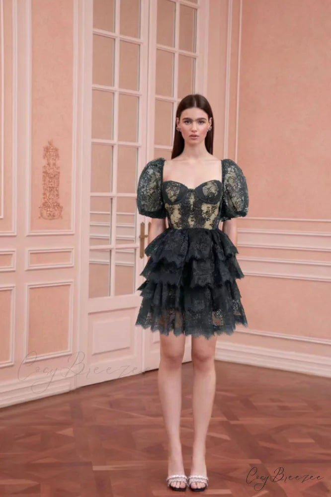 Alix Puff Shoulder Charming Tiered Mini Dress