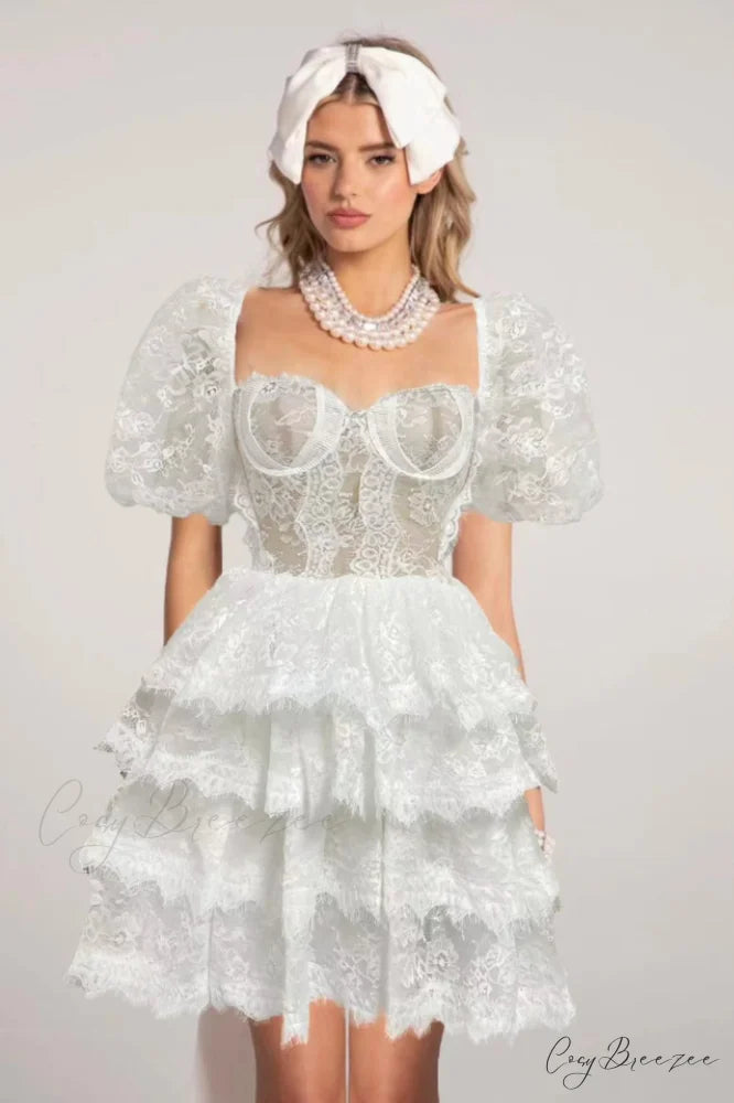 Alix Puff Shoulder Charming Tiered Mini Dress
