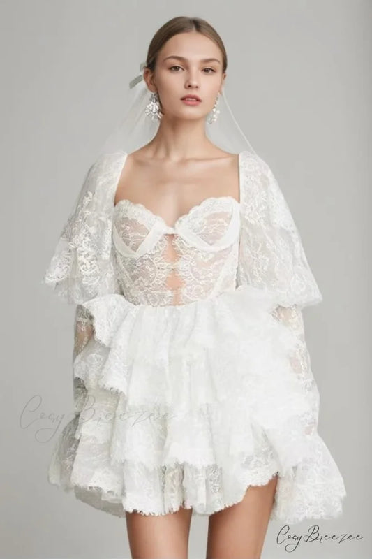 Alix Puff Shoulder Charming Tiered Mini Dress S / White