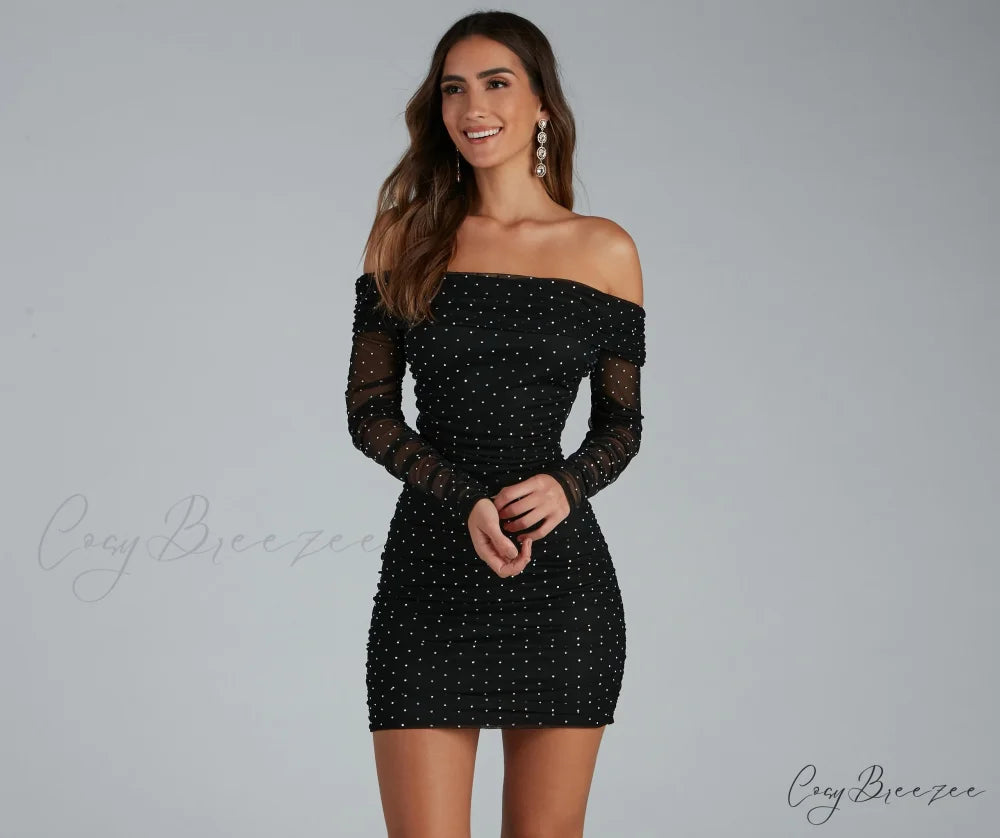 Aliya Formal Stylish Heatstone Ruched Bodycon BLACK / XS