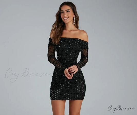 Aliya Formal Stylish Heatstone Ruched Bodycon BLACK / XS