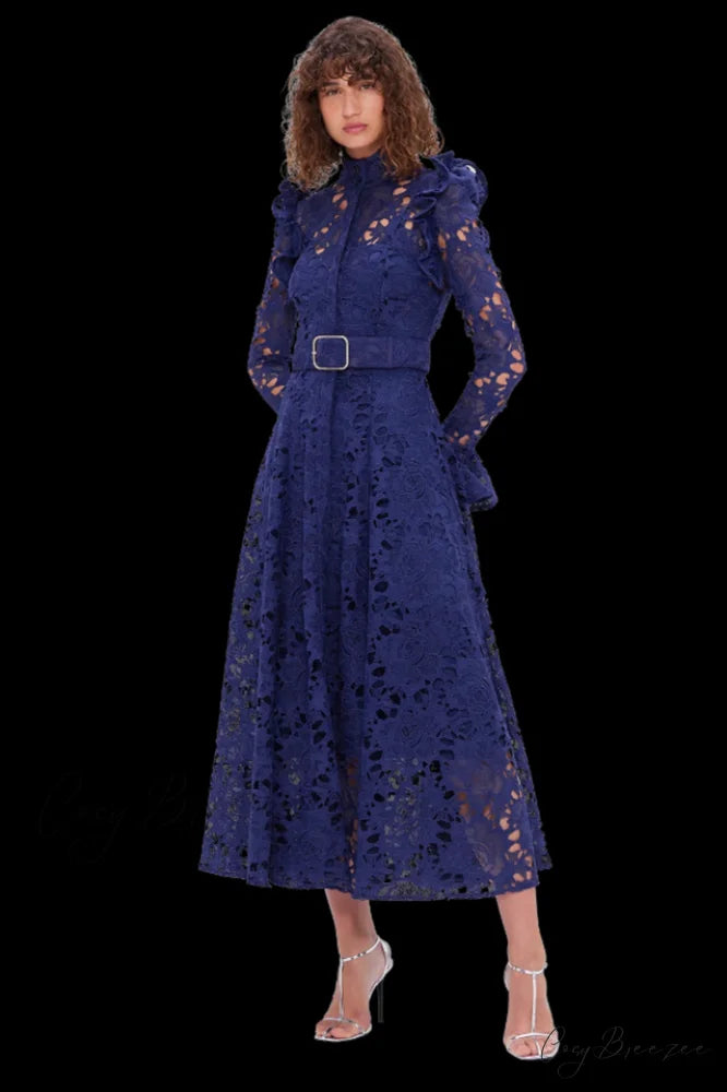 Aliyah Lace Fashion Charming Sleeve Midi Dress S / Navy