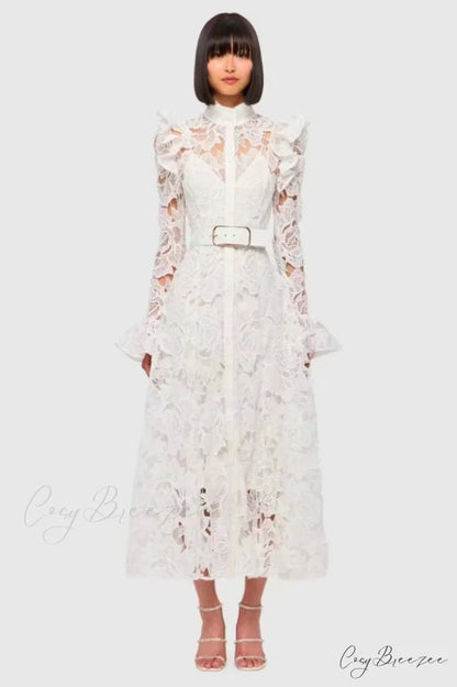 Aliyah Lace Fashion Charming Sleeve Midi Dress S / White