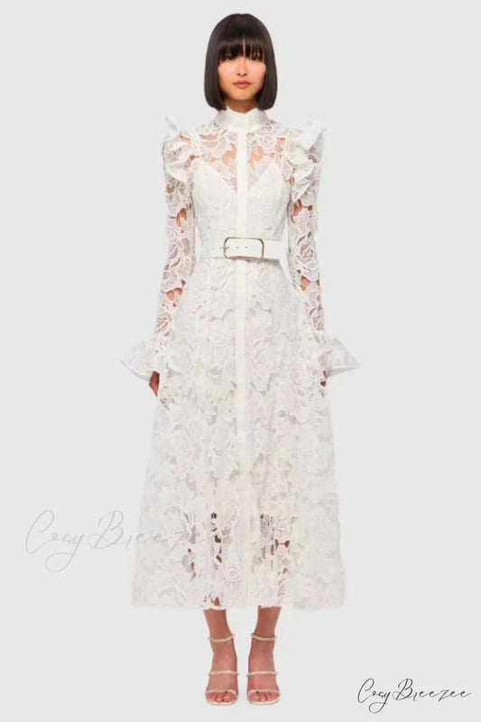 Aliyah Lace Fashion Charming Sleeve Midi Dress S / White