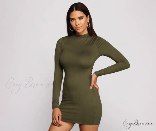 All About Knit Charming Mock Neck Mini Dress OLIVE / XS