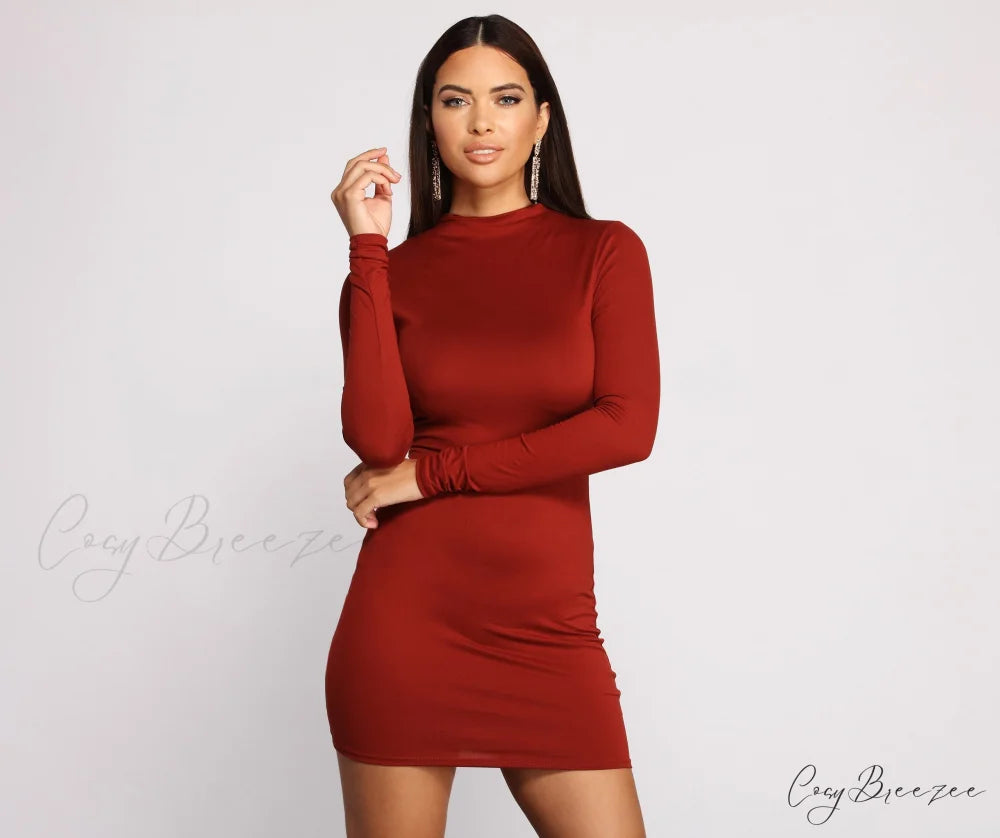 All About Knit Charming Mock Neck Mini Dress RUST / XS