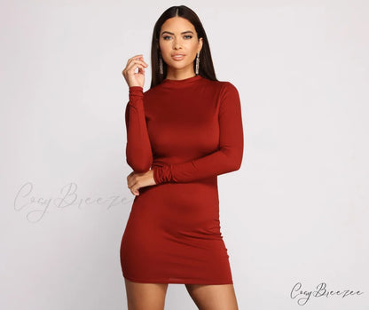 All About Knit Charming Mock Neck Mini Dress RUST / XS