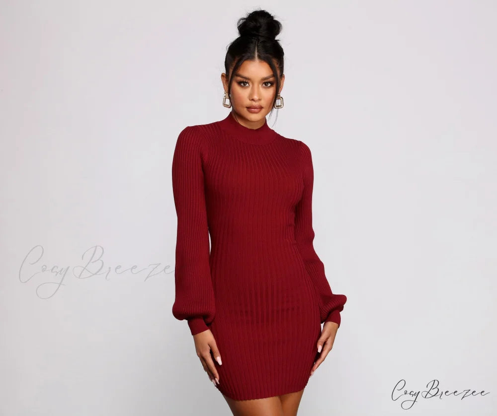 All Dolled Up Charming Ribbed Knit Mini Dress BURGUNDY / XS