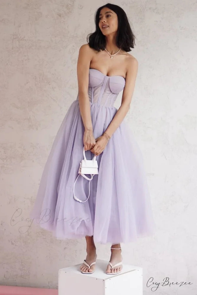 All For Love Trendy Strapless Tulle Midi Dress