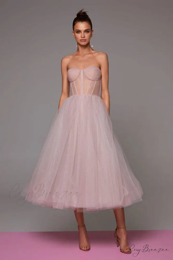 All For Love Trendy Strapless Tulle Midi Dress Blush / 2