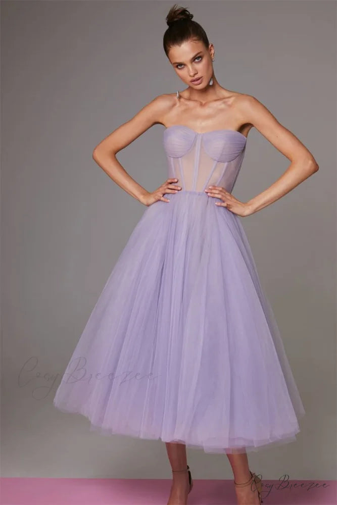 All For Love Trendy Strapless Tulle Midi Dress Lavender / 2