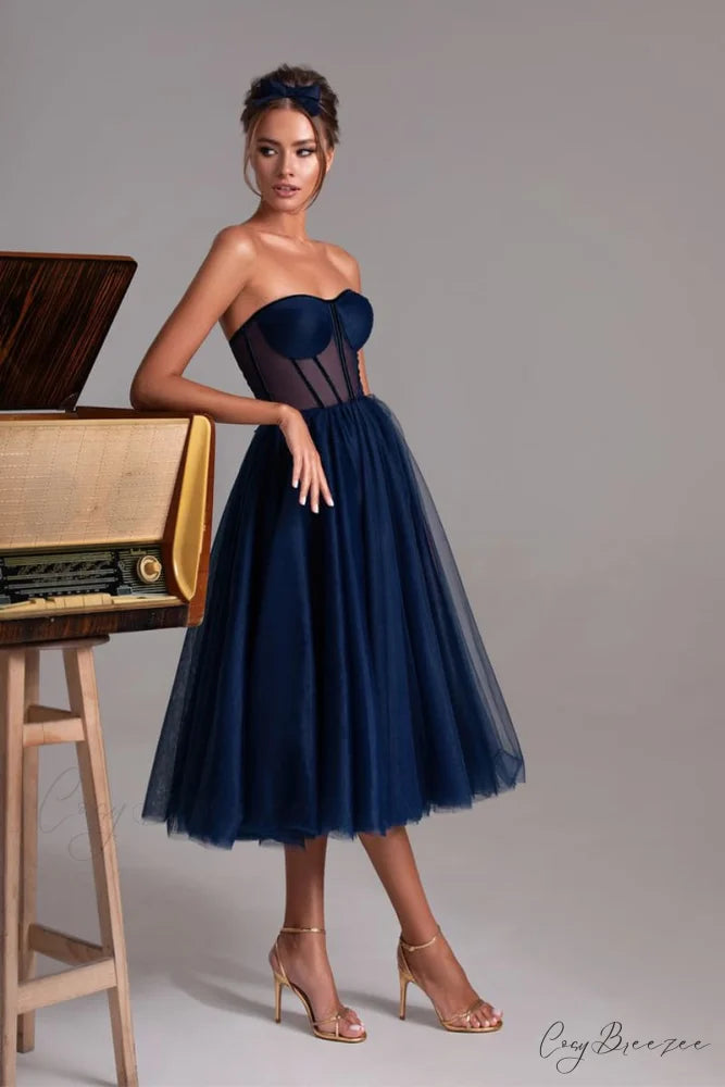 All For Love Trendy Strapless Tulle Midi Dress Navy Blue / 2