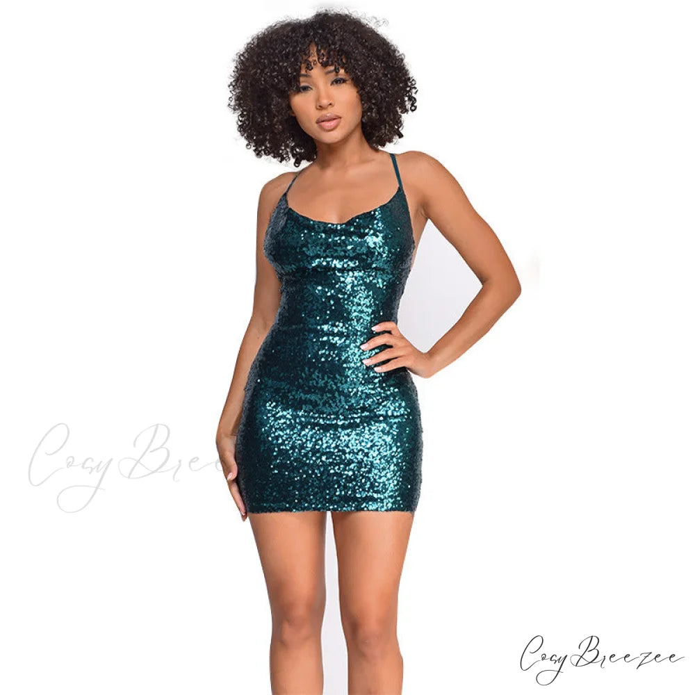 All The Drama Charming Sequin Mini Dress Blue-Green / S
