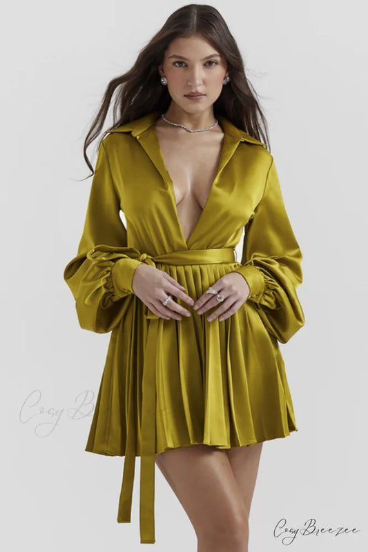 Allegra Chartreuse Stylish Pleated Shirt Dress XS / Chartreuse