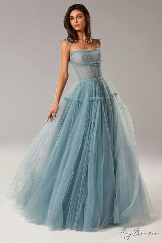 Alluring Beauty Tie-Strap Trendy Tulle Maxi Dress Dusty Blue / 2