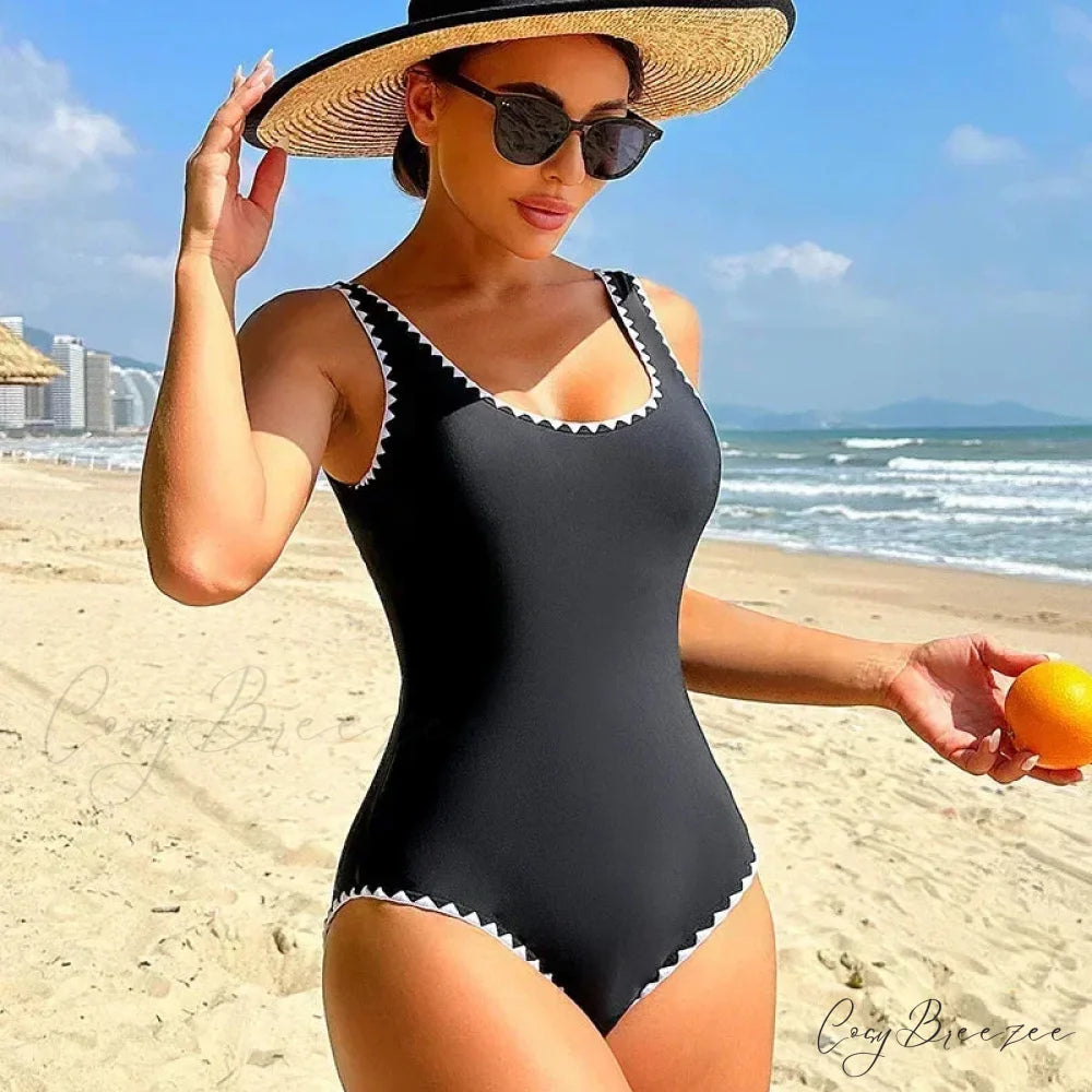 Alluring Black Open Back Swimwear One Piece onepiece-250223