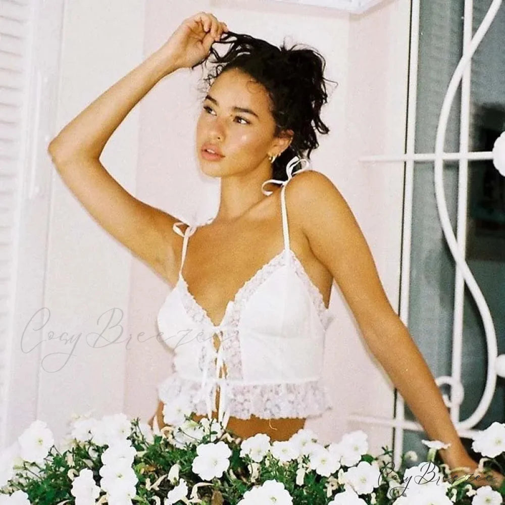 Alluring Deep V-neck Lace Ribbed White Crop Top croptop-250126