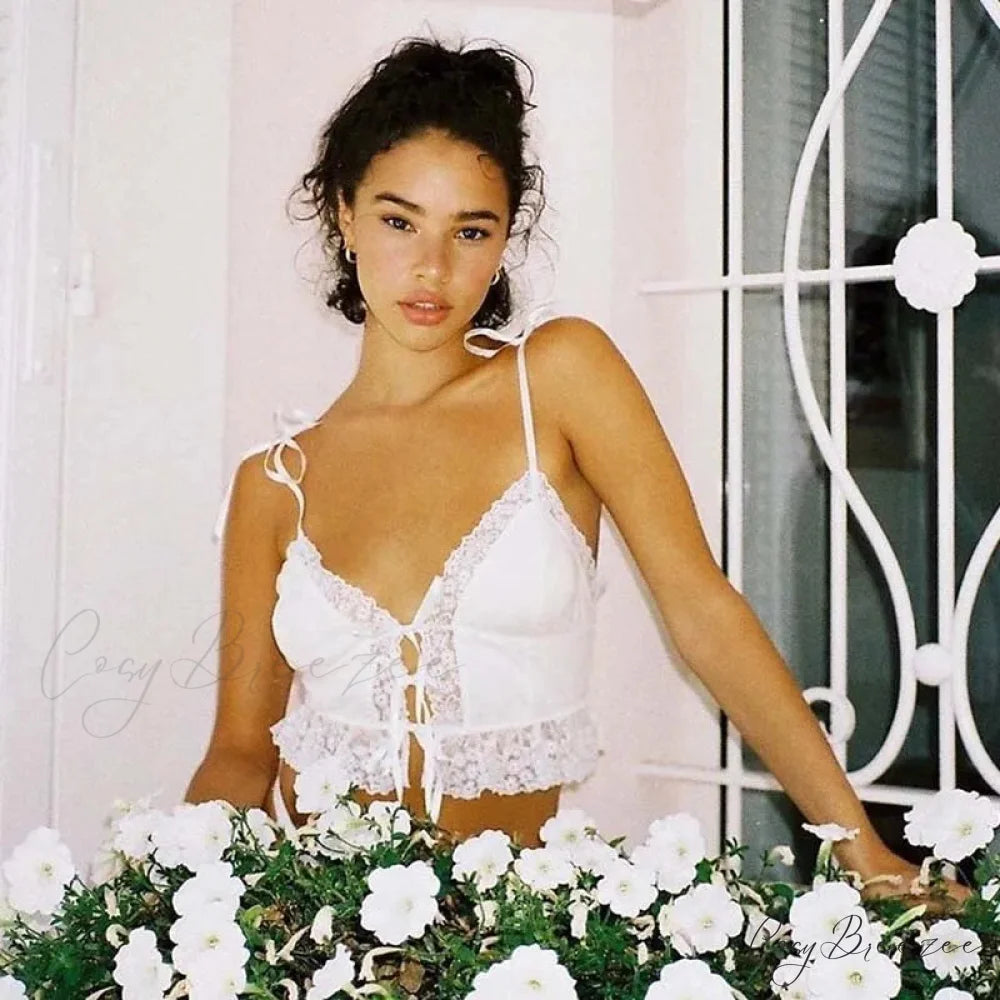 Alluring Deep V-neck Lace Ribbed White Crop Top croptop-250126