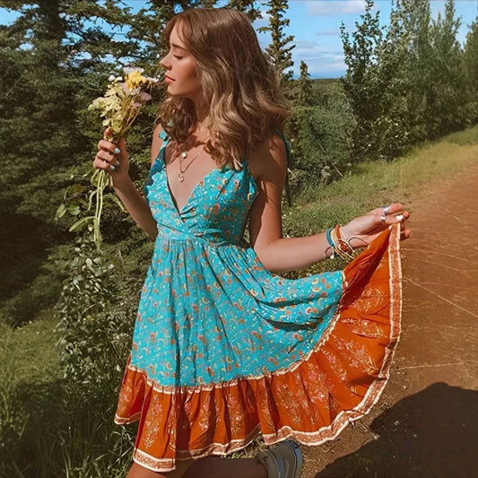 Alluring Deep V-neck Sleeveless Strapless Mini Boho Dress Green / S bohodress-250126