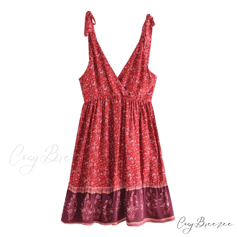 Alluring Deep V-neck Sleeveless Strapless Mini Boho Dress Red / S bohodress-250126