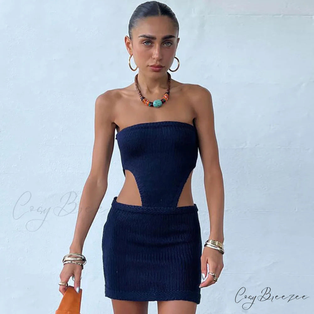 Alluring Eyelash Lace Trim Split Classic Club Mini Dress - Black S / Navy Blue