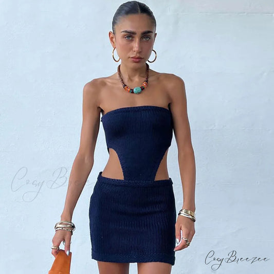 Alluring Eyelash Lace Trim Split Classic Club Mini Dress - Black S / Navy Blue