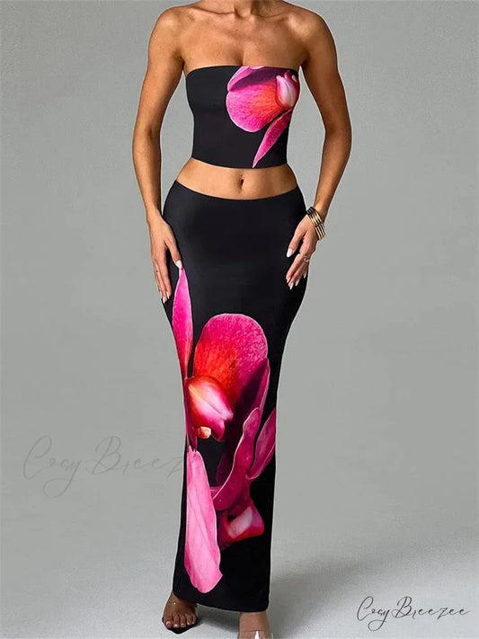 Alluring Floral Print Tube Top Elastic Waist Bodycon Skirt Set BLACK / S skirt-250126
