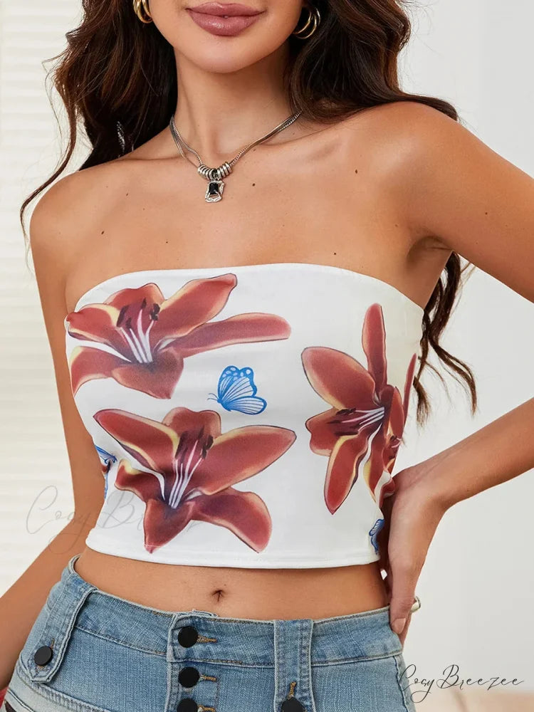 Alluring Floral Strapless Backless Crop Tank Tube Top croptop-250126