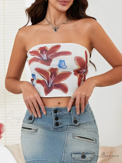 Alluring Floral Strapless Backless Crop Tank Tube Top WHITE / S croptop-250126