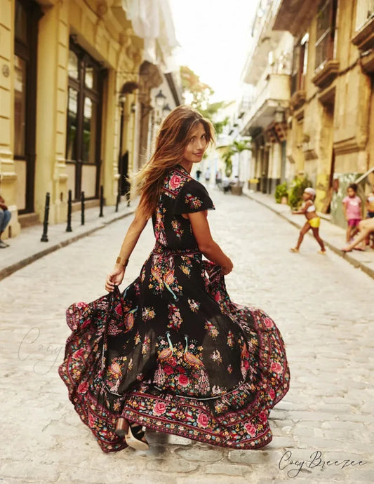 Alluring High Split Flare Sleeve Print Rayon Maxi Boho Dress Black / S bohodress-250126