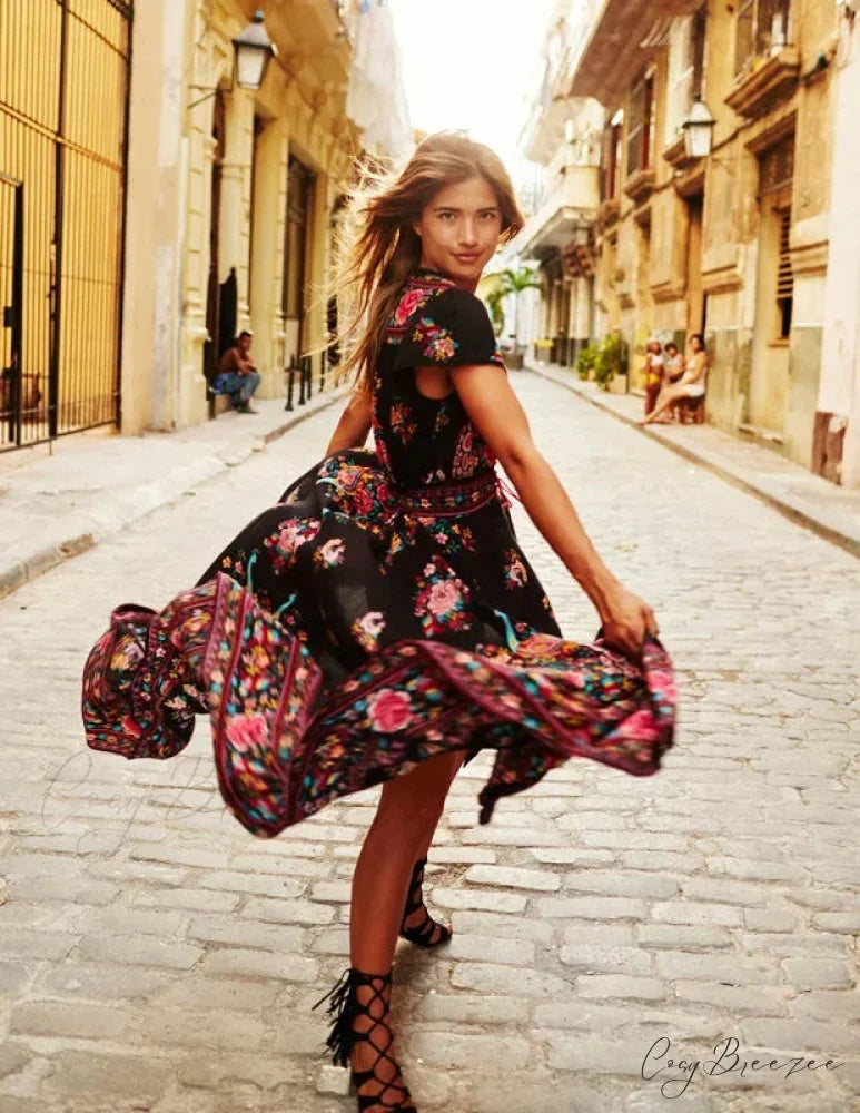 Alluring High Split Flare Sleeve Print Rayon Maxi Boho Dress bohodress-250126
