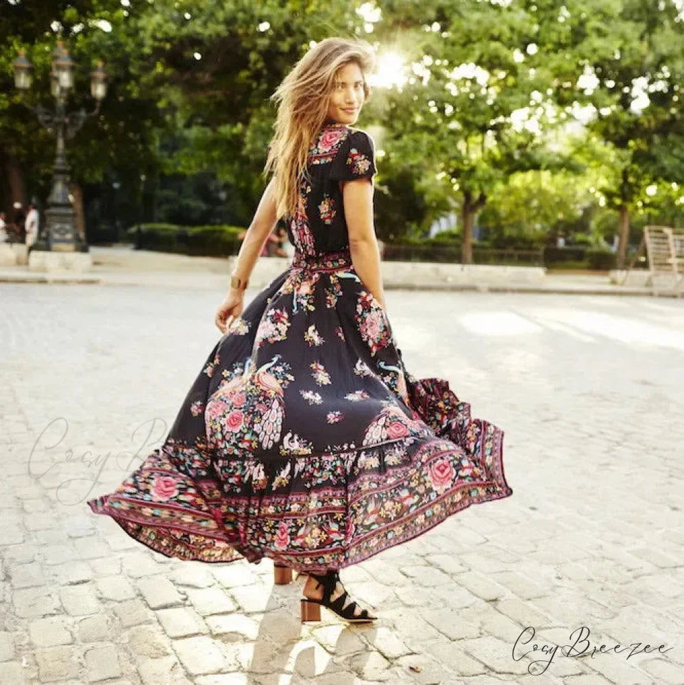 Alluring High Split Flare Sleeve Print Rayon Maxi Boho Dress bohodress-250126