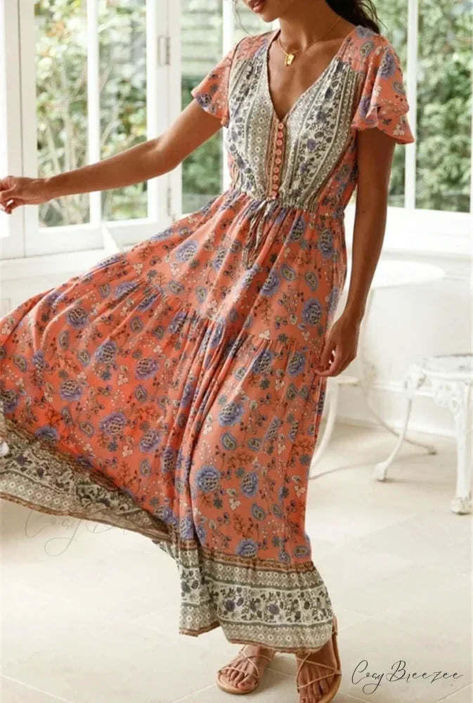 Alluring High Split Flare Sleeve Rayon Cotton Boho Dress bohodress-250126