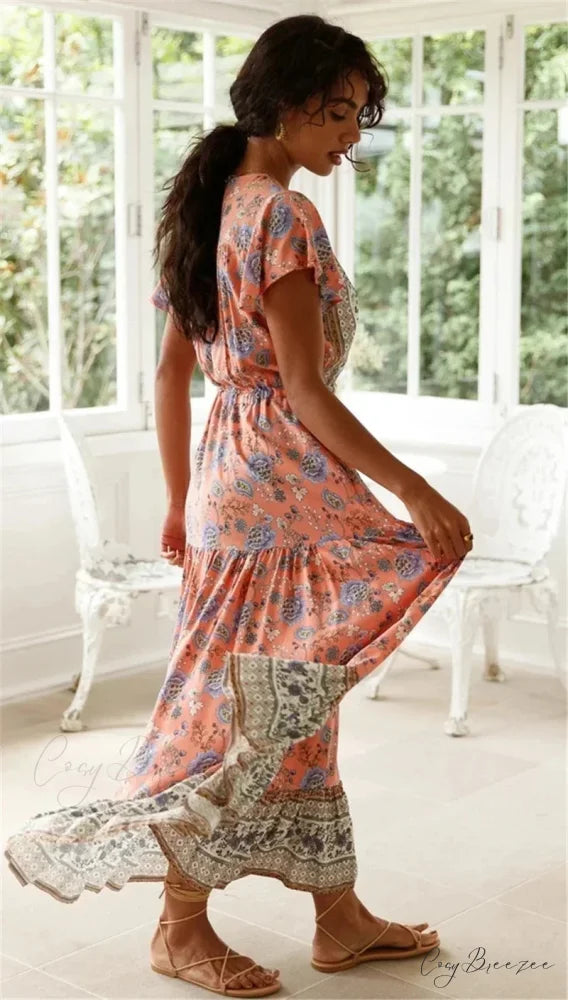 Alluring High Split Flare Sleeve Rayon Cotton Boho Dress bohodress-250126