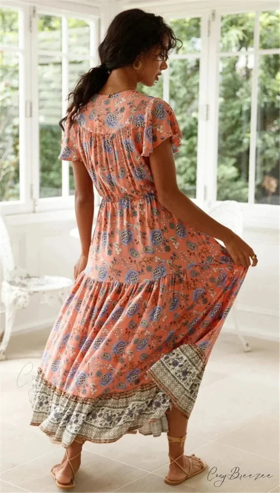 Alluring High Split Flare Sleeve Rayon Cotton Boho Dress bohodress-250126