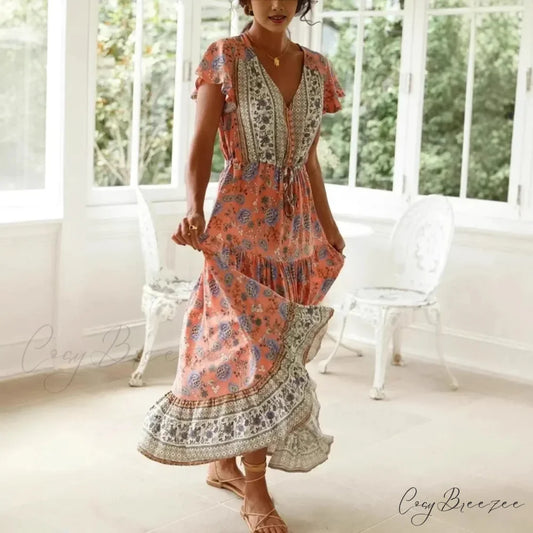 Alluring High Split Flare Sleeve Rayon Cotton Boho Dress red / S bohodress-250126