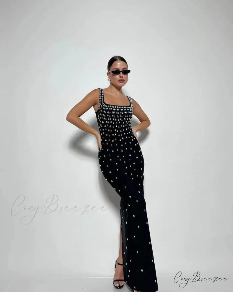 Alluring Open-Back Gemstone Bandage Formal Dress for Party black / S promdress-250223