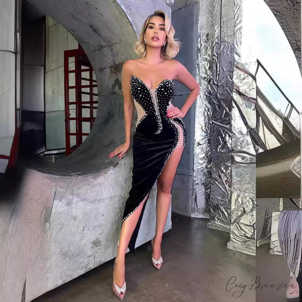 Alluring Strapless Embellished Fitted Dress Party Formal Dress promdress-250223