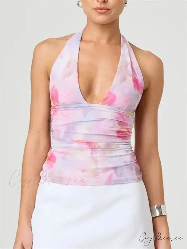 Alluring Tie-up Halter Tie-dye Ruched Crop Top croptop-250126